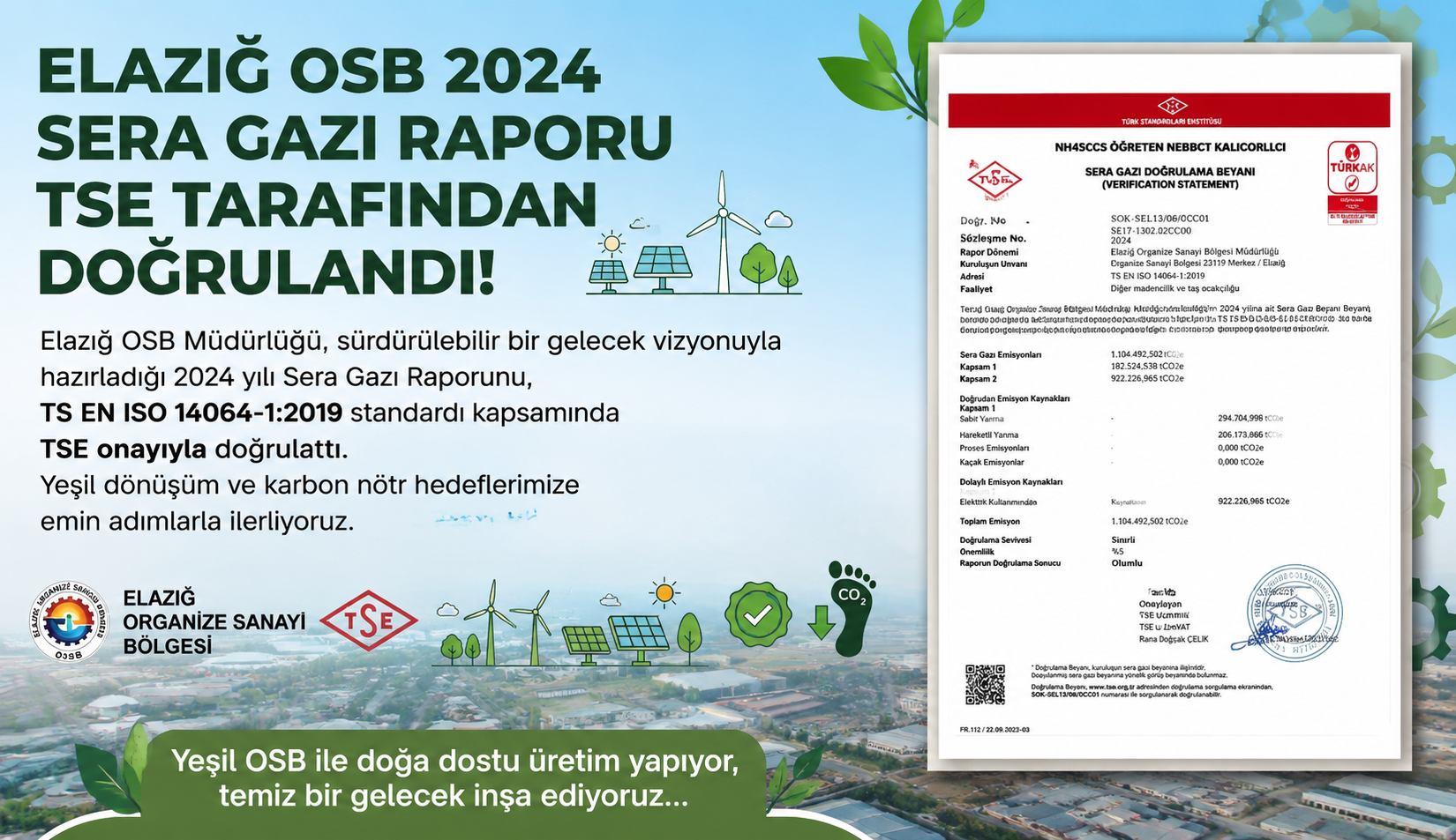Elazığ OSB 2024 Sera Gazı Raporu TSE Tarafından Doğrulandı!